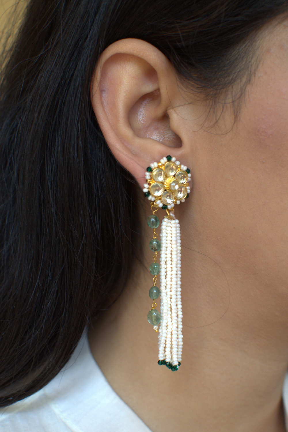 PUSHPA PEARL TASSEL EARRINGS- GREEN