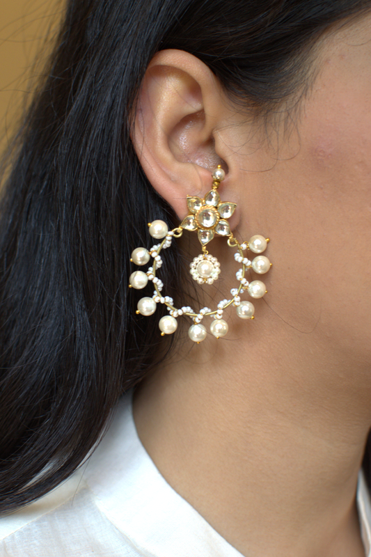 PEARL STUDDED POLKI HOOPS- WHITE