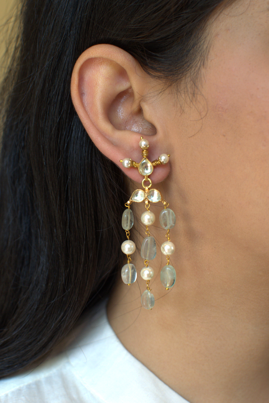 KUNDAN DROP CROWN EARRINGS- MINT GREEN