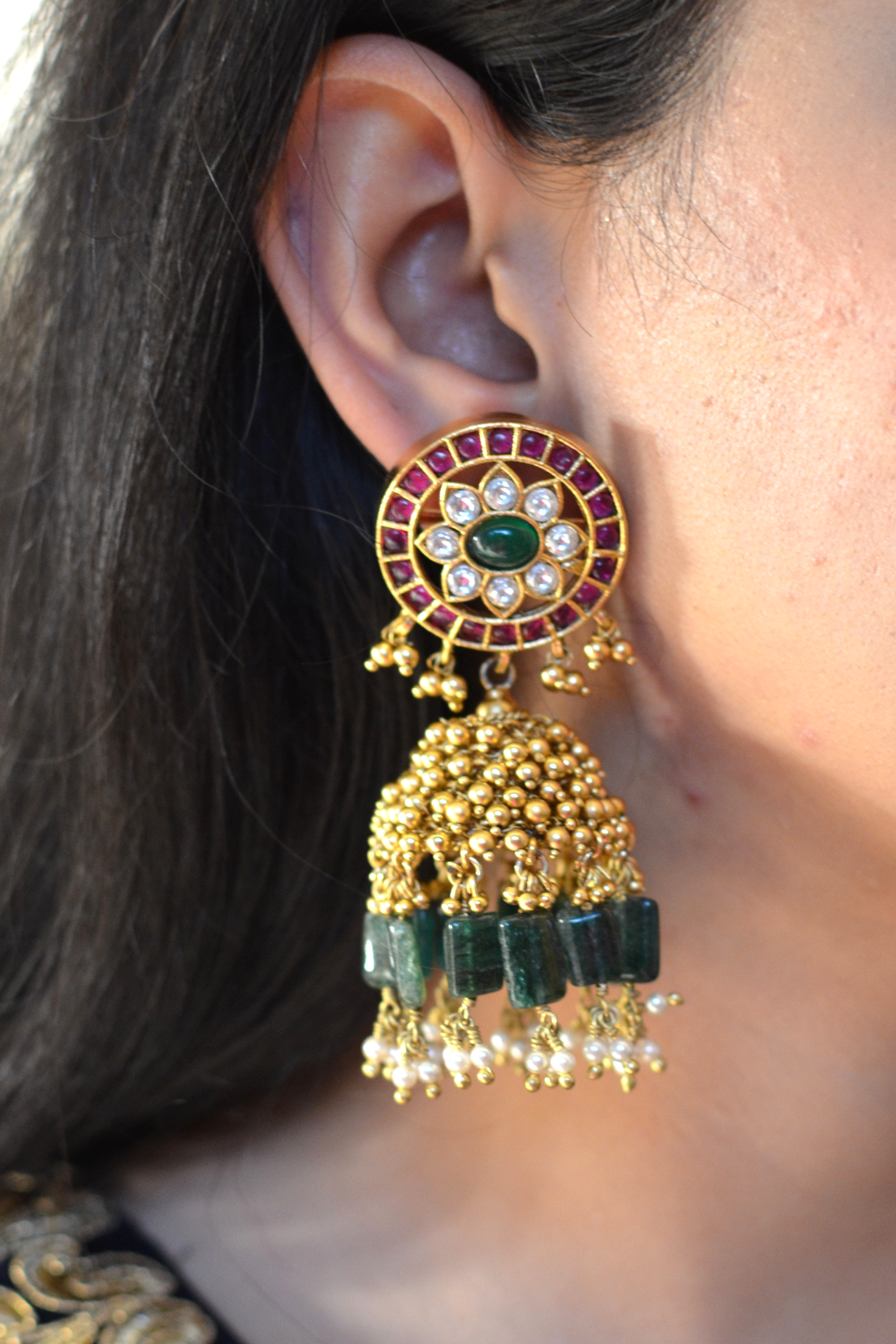 RED GREEN GOLD JHUMKAS WITH KAANCHAIN