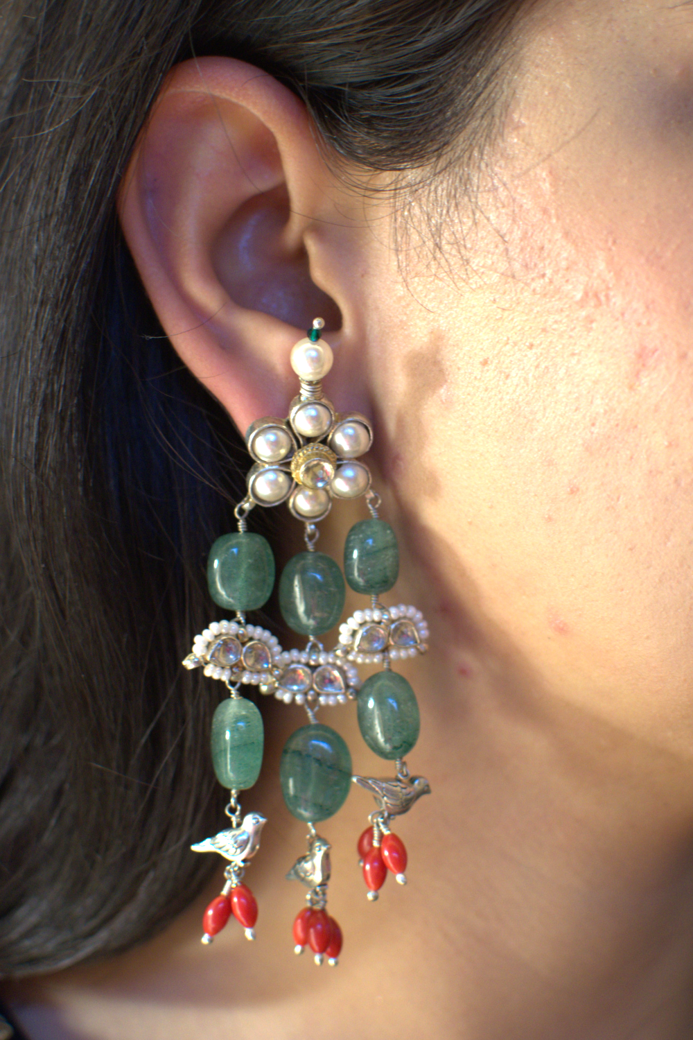 PEARL FLOWER-TOP GREEN ONYX & CORAL EARRINGS