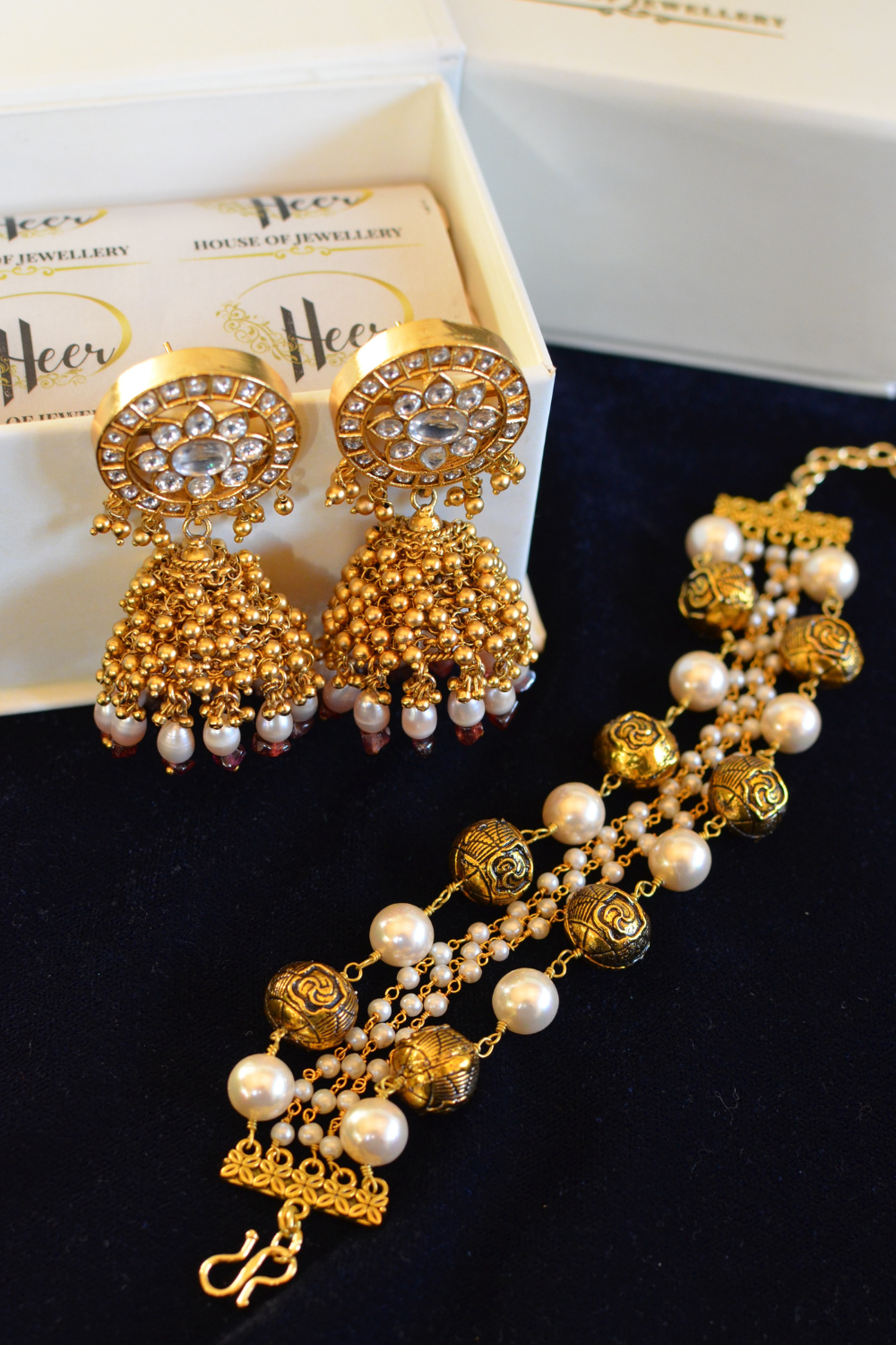 GOLD KUNDAN JHUMKAS & ORNATE BRACELET SET