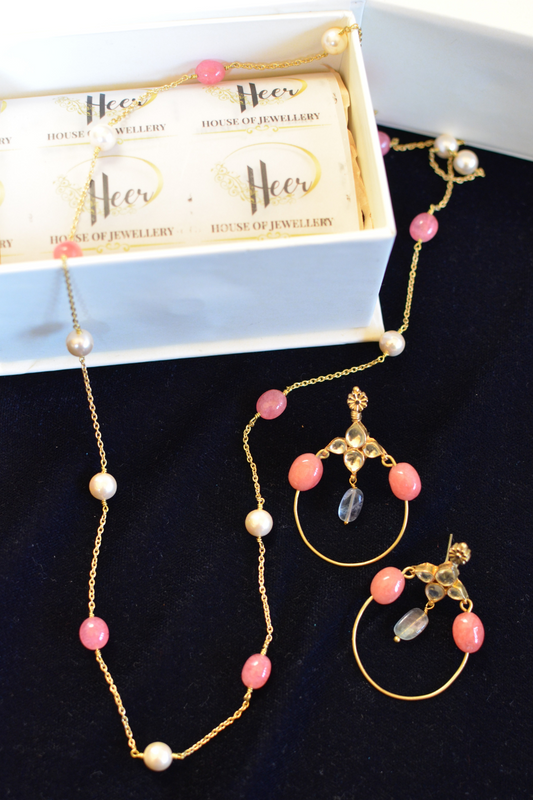 PEACH PINK QUARTZ STRING & HOOPS SET