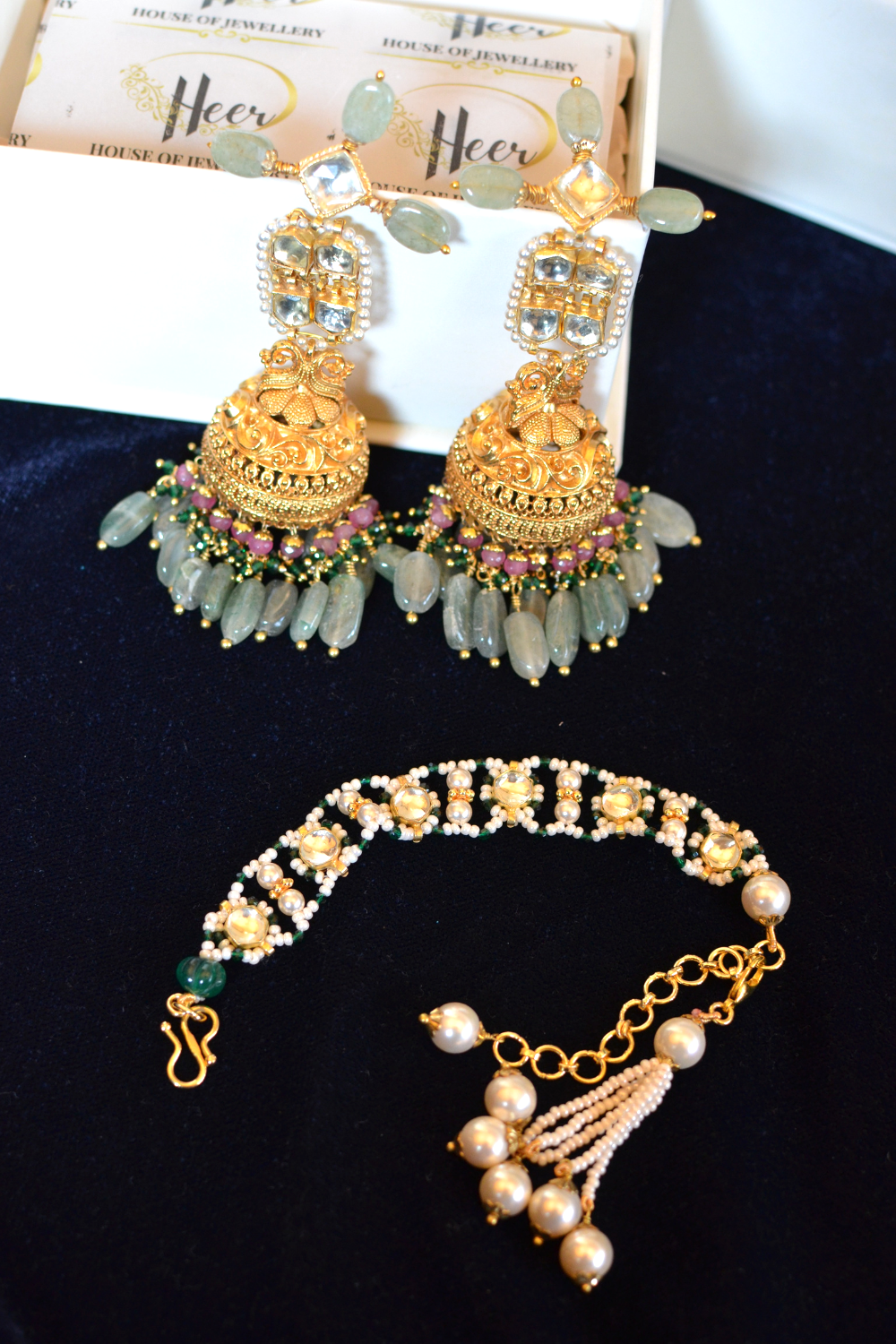 KUNDAN JHUMKAS & GREEN TASSEL BRACELET SET