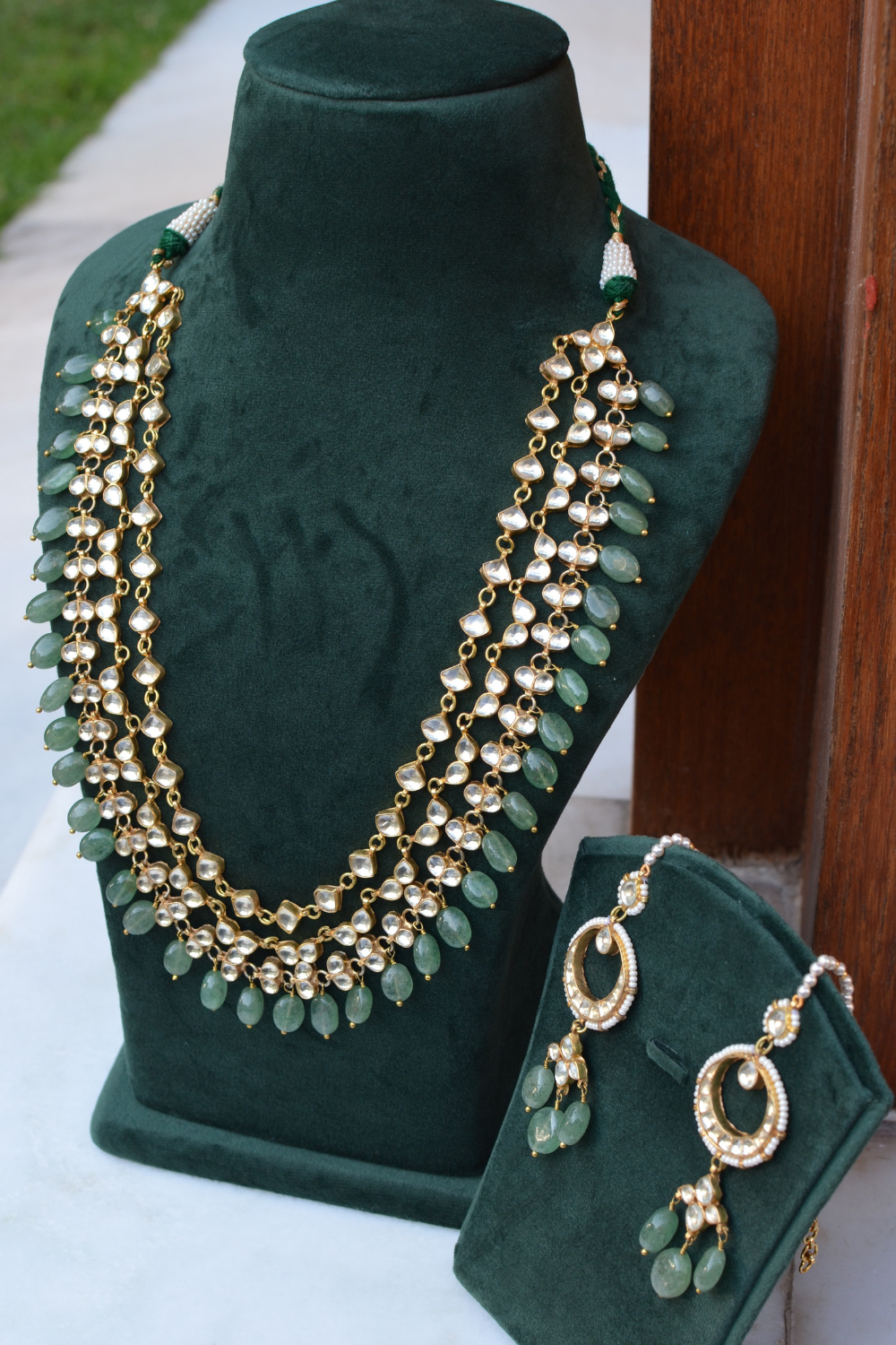 BRIDAL LAYERED NECKLACE & EARRINGS SET- SAGE GREEN COLOUR