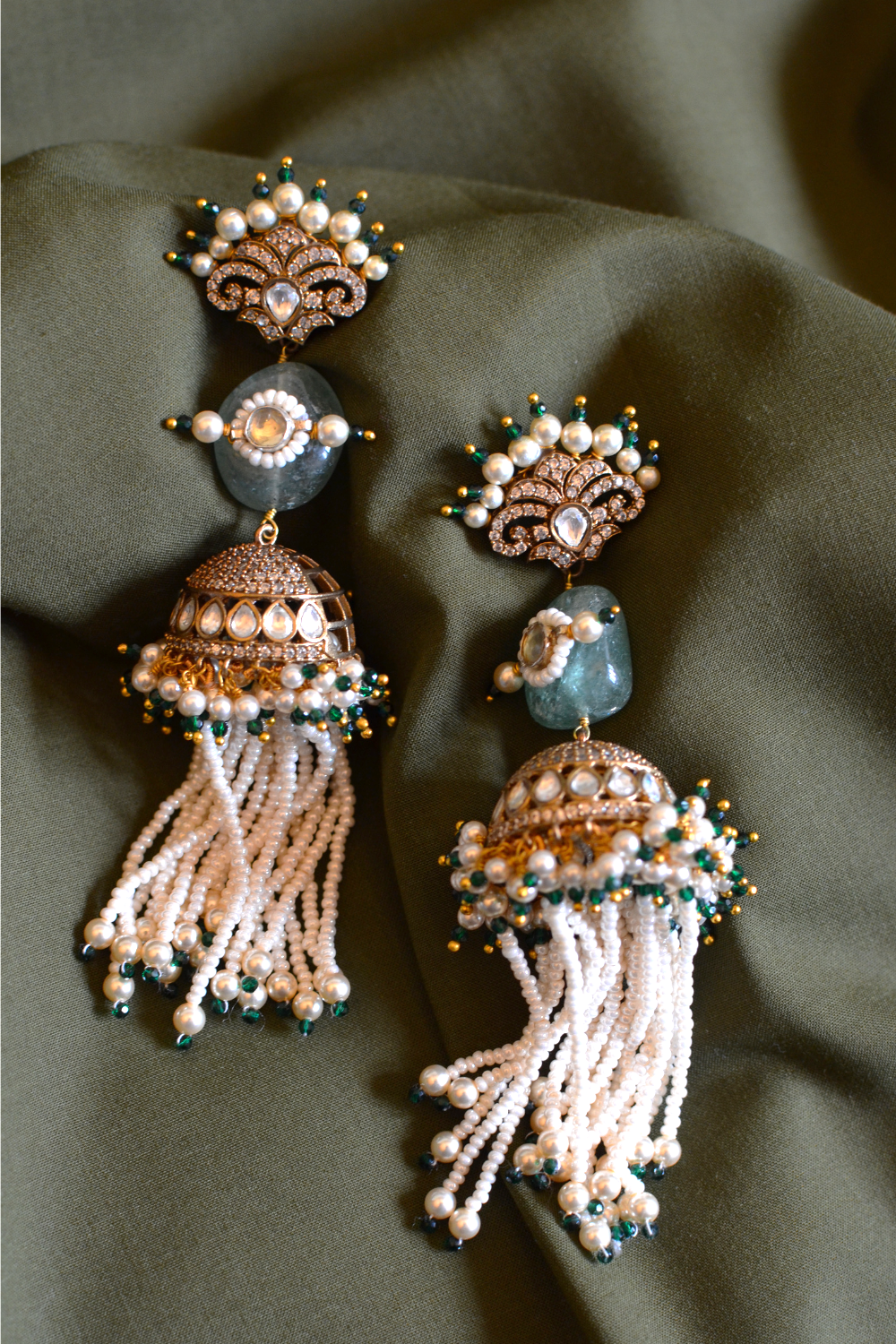 DIAMANTÉ CROWN SAGE TASSEL JHUMKIS