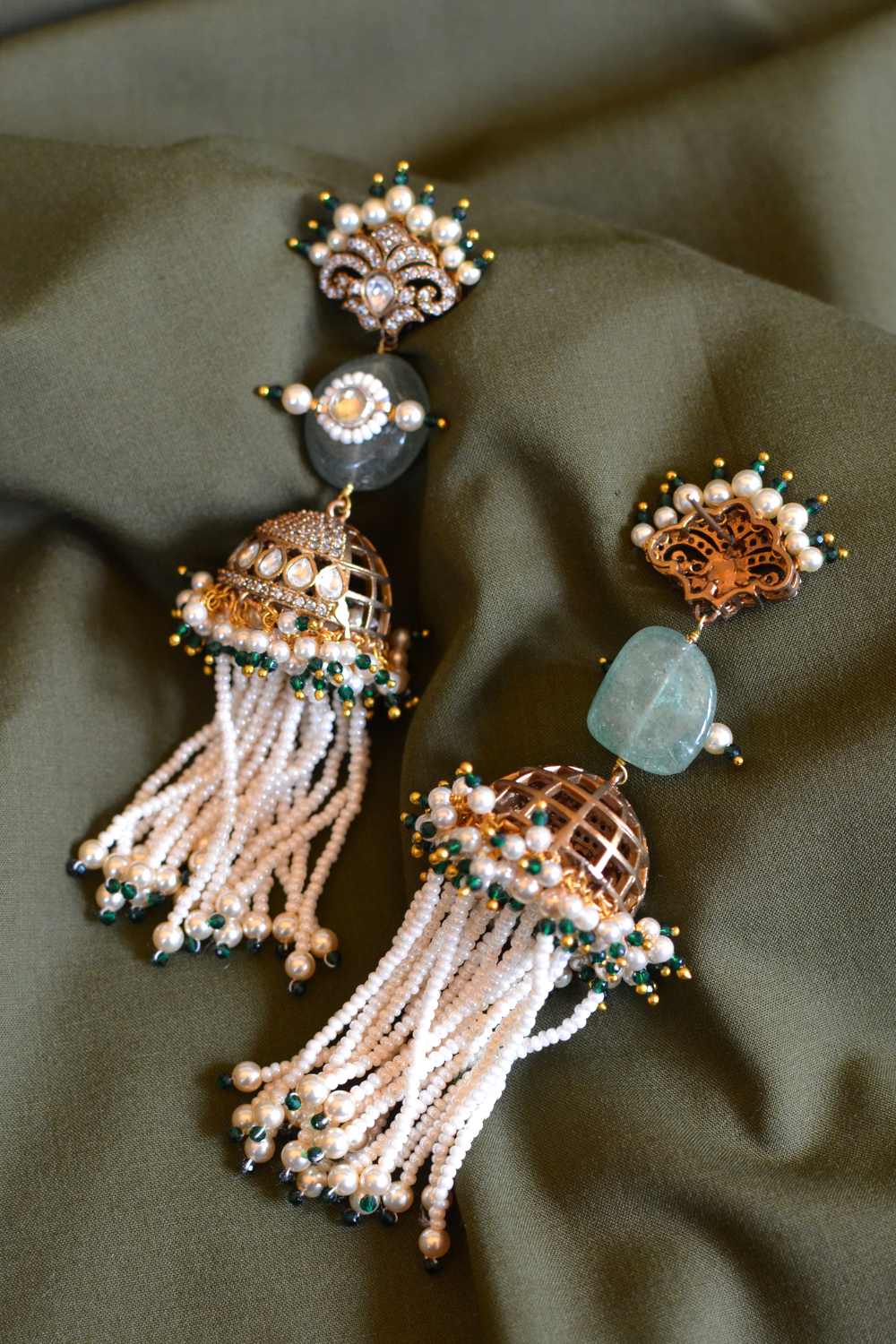 DIAMANTÉ CROWN SAGE TASSEL JHUMKIS