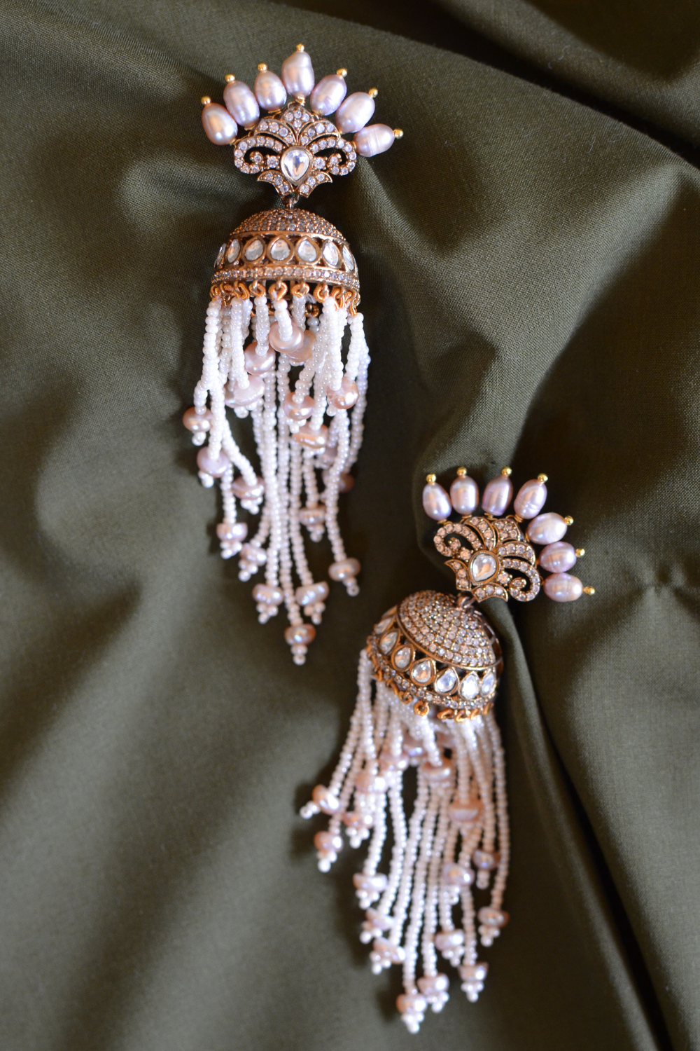 DIAMANTÉ CROWN PEARL TASSEL JHUMKIS