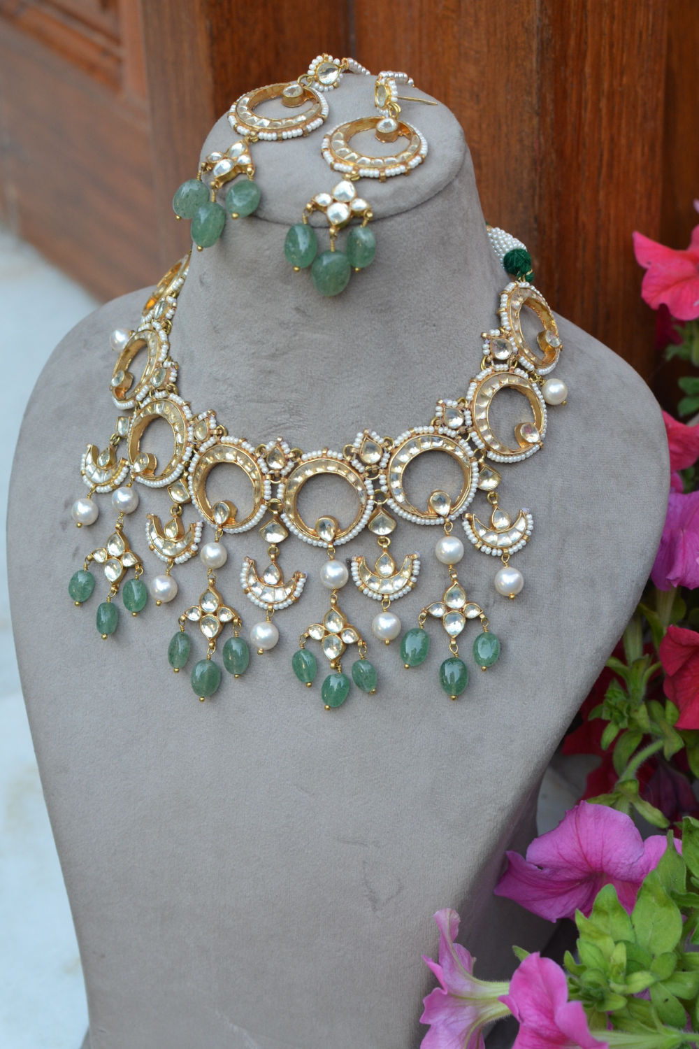 CRESCENT BRIDAL CHOKER WITH EARRINGS - SAGE GREEN