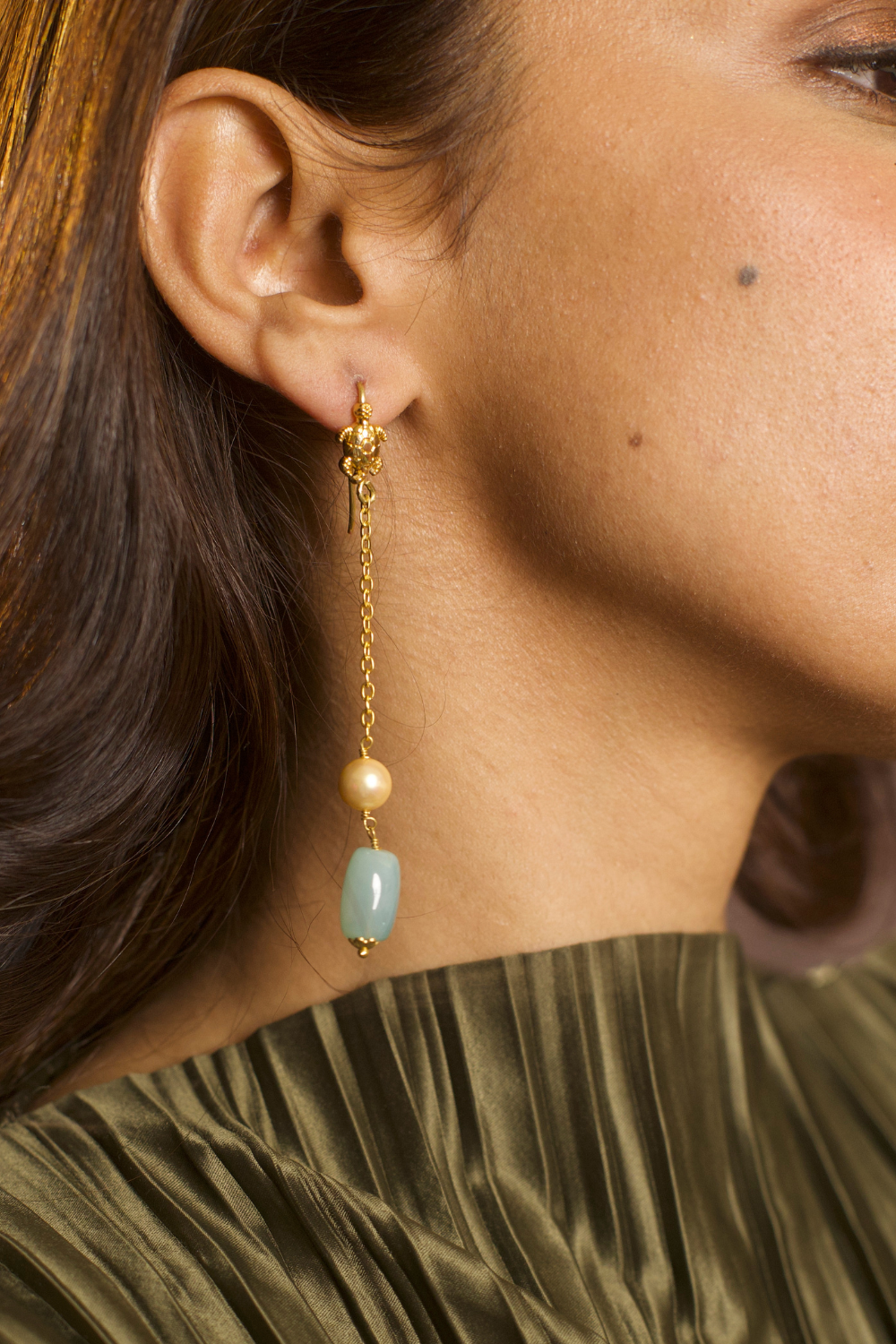 TURTLE CHAIN DROP HOOK EARRINGS- SEA GREEN