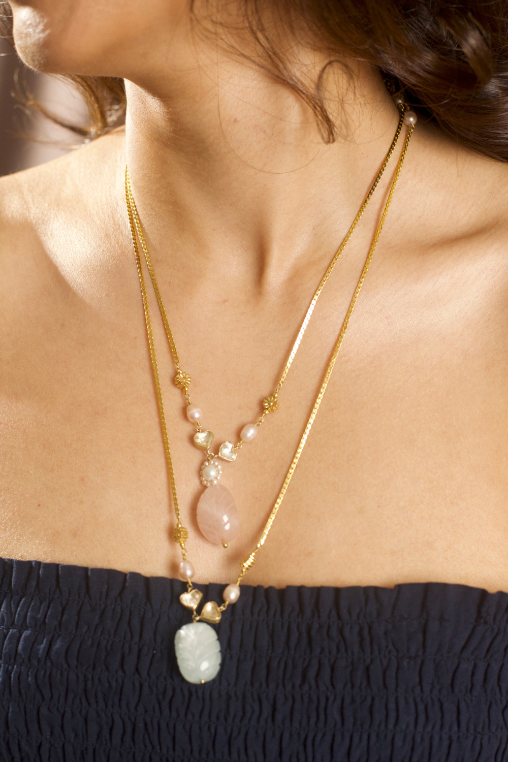 THREE-STYLE PEARL POLKI NECKLACE SET- ROSE QUARTZ AND SKY BLUE