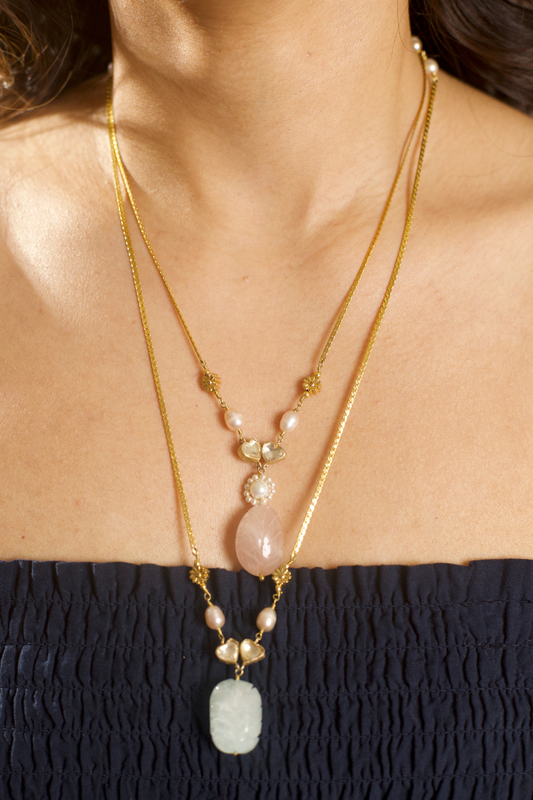 THREE-STYLE PEARL POLKI NECKLACE SET- ROSE QUARTZ AND SKY BLUE