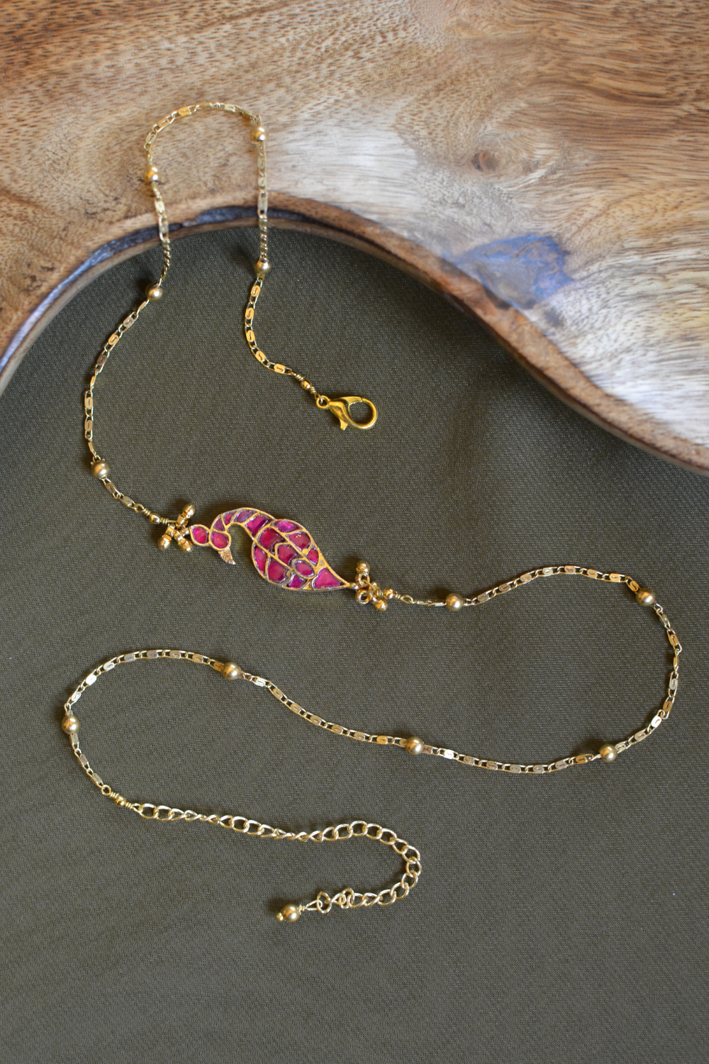 PINK PEACOCK AND GOLDEN BELLS CHAIN NECKLACE