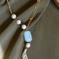 BEADED CHAIN, CARVED STONES AND PEARL TASSEL NECKLACE- AQUAMARINE BLUE