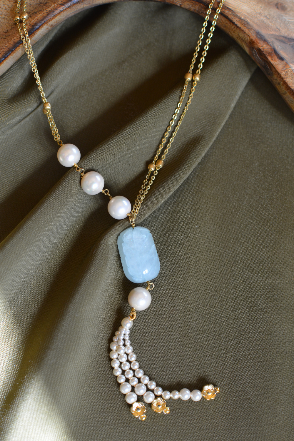 BEADED CHAIN, CARVED STONES AND PEARL TASSEL NECKLACE- AQUAMARINE BLUE