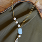 BEADED CHAIN, CARVED STONES AND PEARL TASSEL NECKLACE- AQUAMARINE BLUE