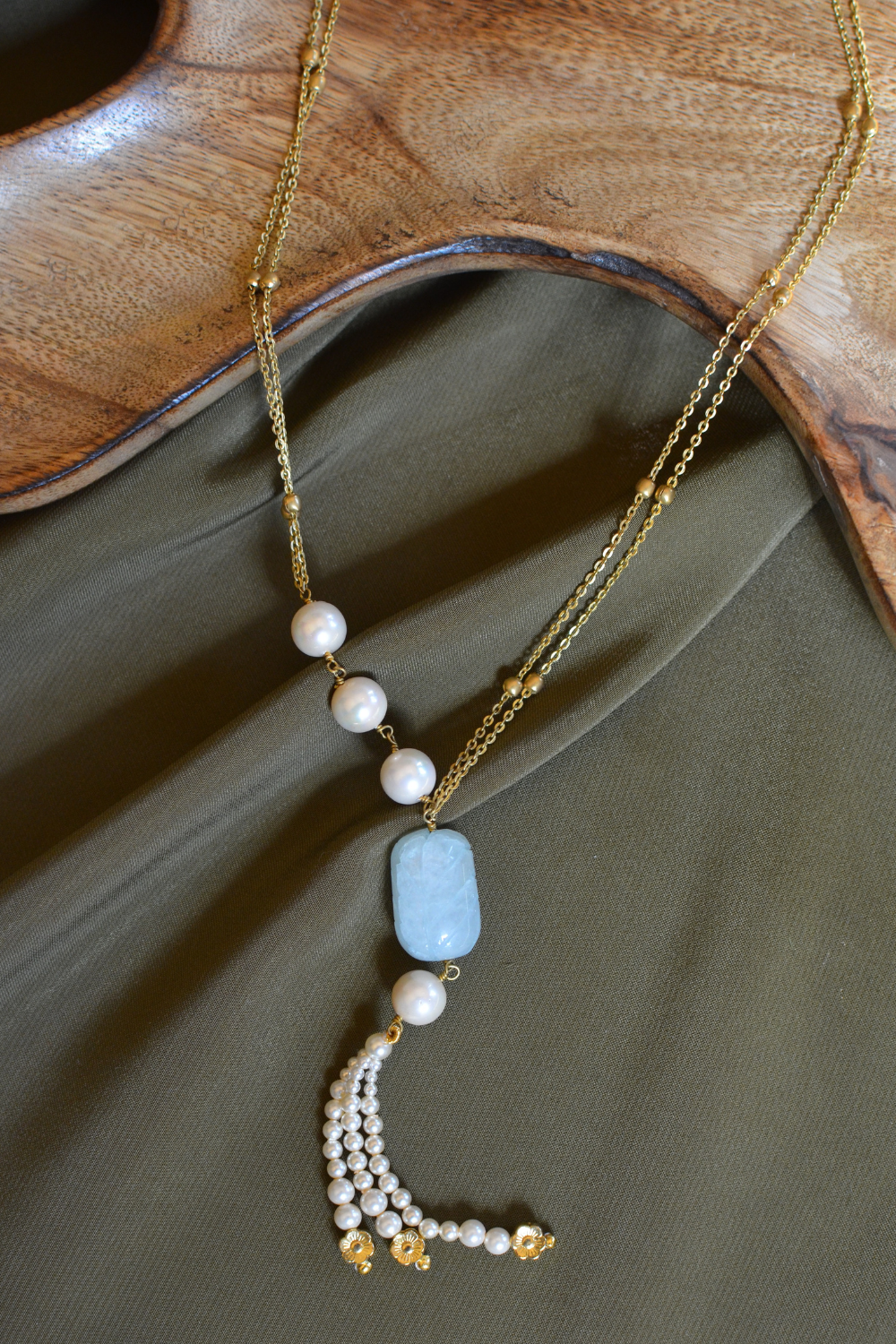 BEADED CHAIN, CARVED STONES AND PEARL TASSEL NECKLACE- AQUAMARINE BLUE