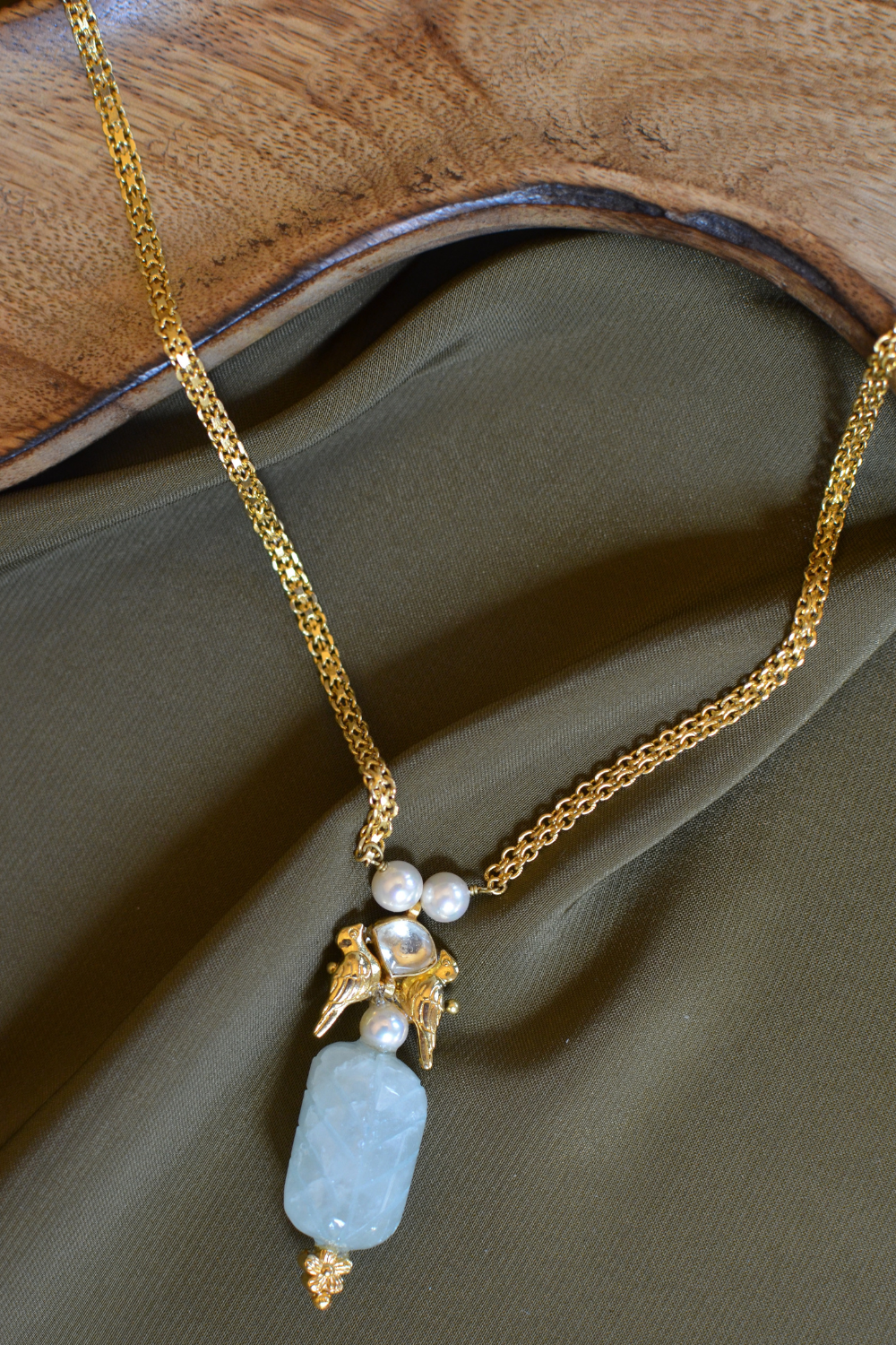 LOVE BIRDS AND PEARL CHAIN NECKLACE- SKY BLUE