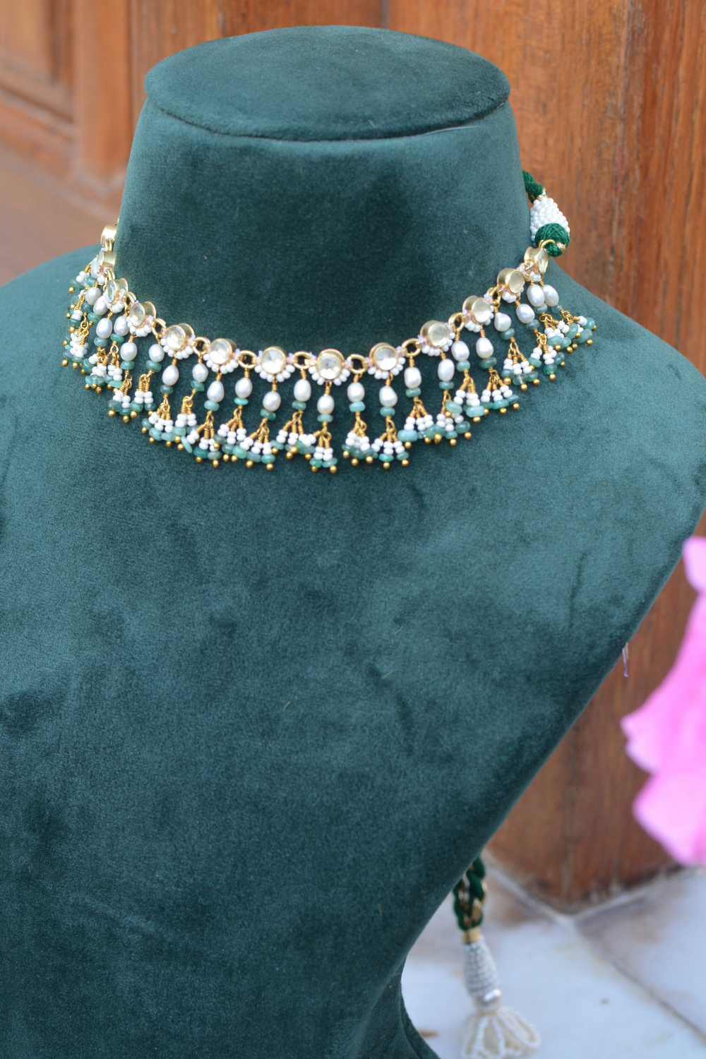 KUNDANKARI JHALLAR NECKLACE- GREEN