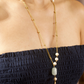 BEADED CHAIN, CARVED STONES AND PEARL TASSEL NECKLACE- AQUAMARINE BLUE