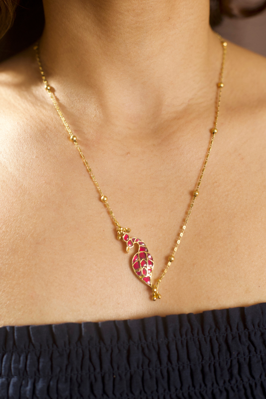 PINK PEACOCK AND GOLDEN BELLS CHAIN NECKLACE