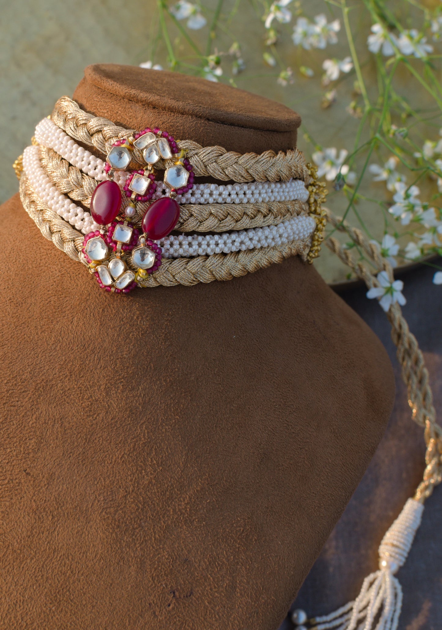 RESHAMI PEARL JAAL CHOKER/BRACELET - RED