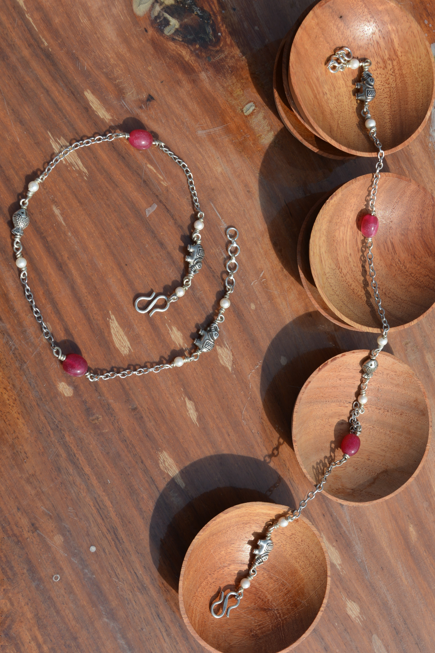 SILVER ELEPHANT RED ONYX ANKLETS PAIR