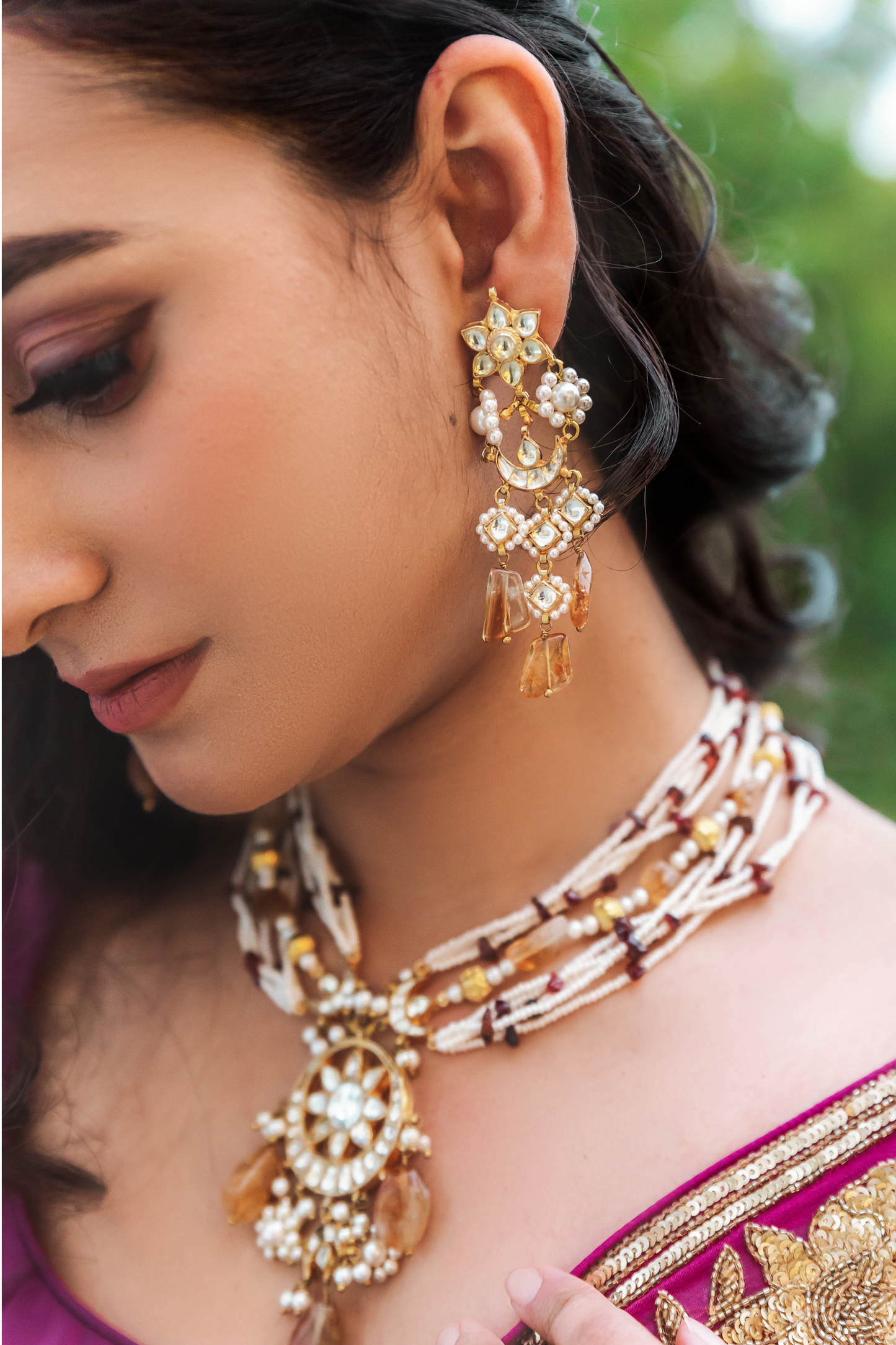 DETACHABLE DOMUKHI KUNDANKARI EARRINGS - AMBER