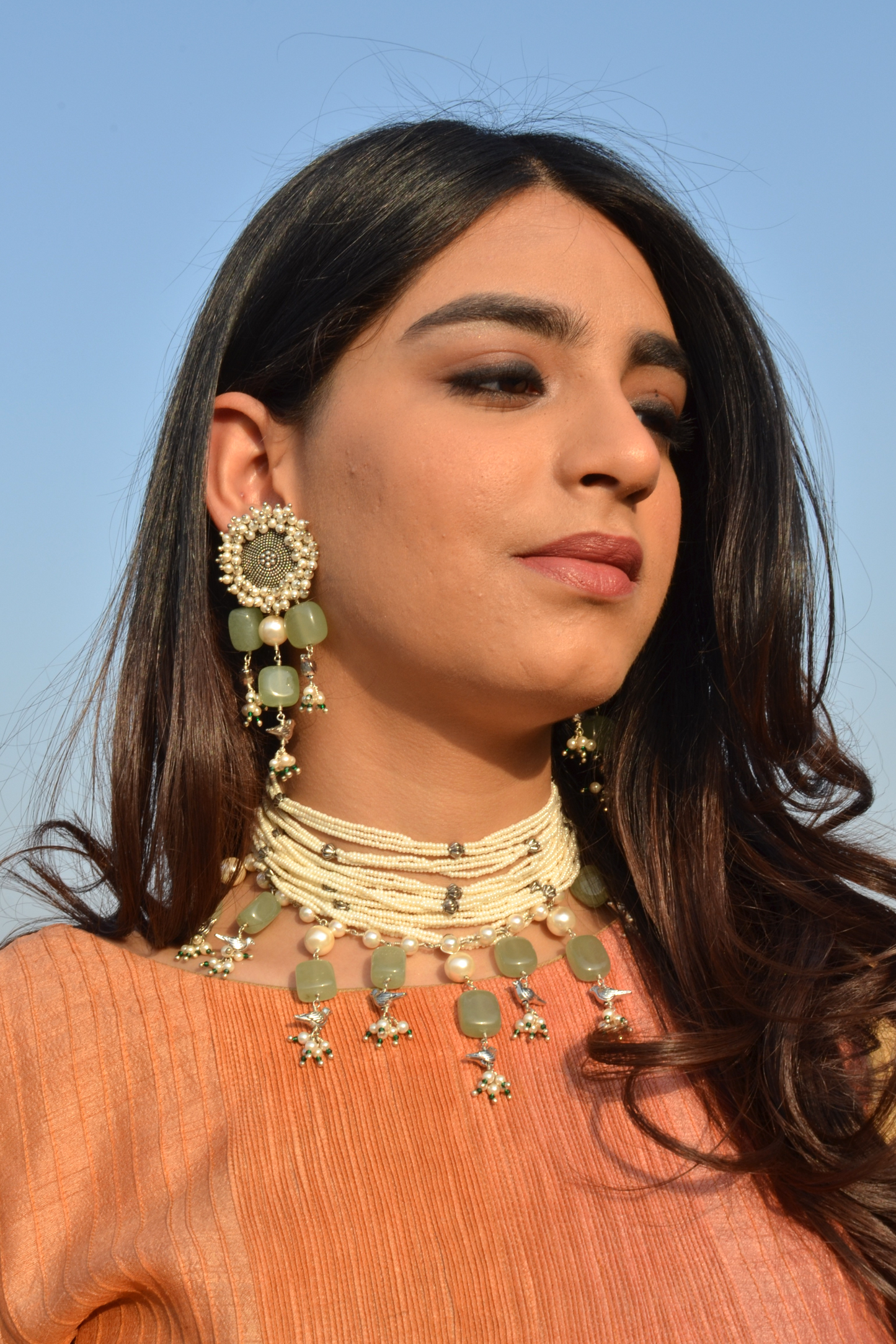 BIRD SAGE GREEN CHOKER WITH EARRINGS