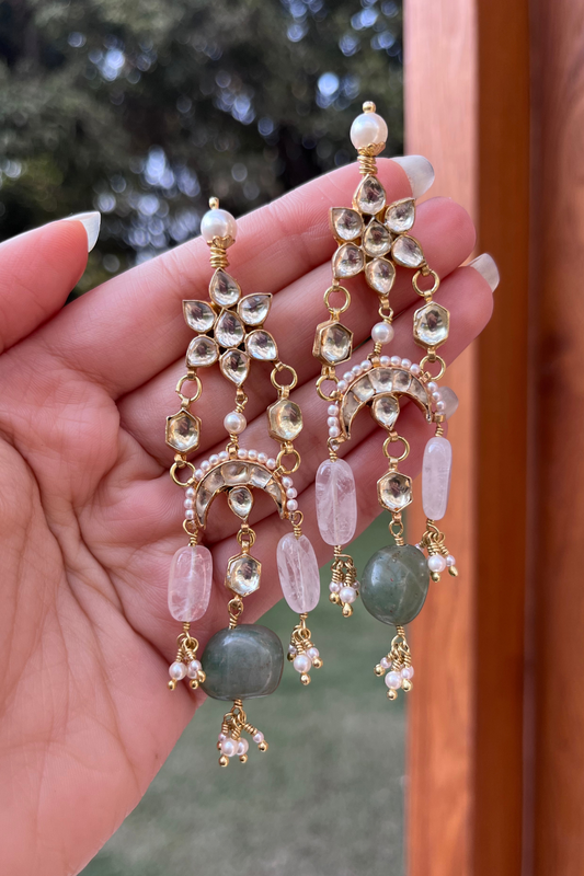 PETAL CRESCENT POLKI EARRINGS- PINK & GREEN