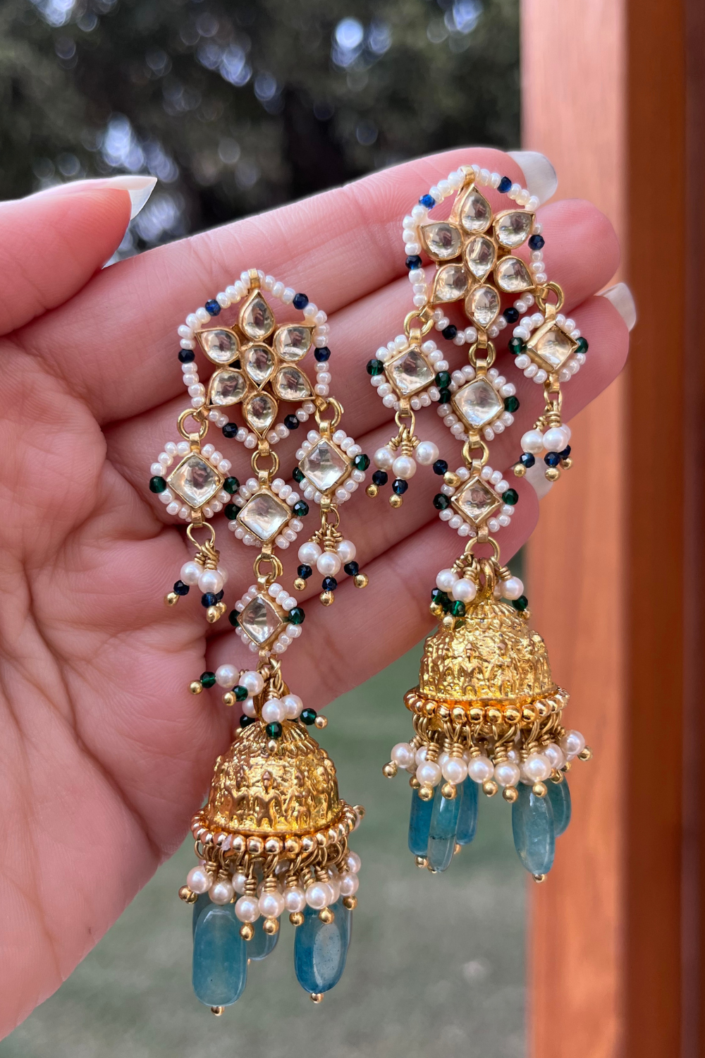 PETAL FLOWER GOLDEN POLKI JHUMKIS- BLUE