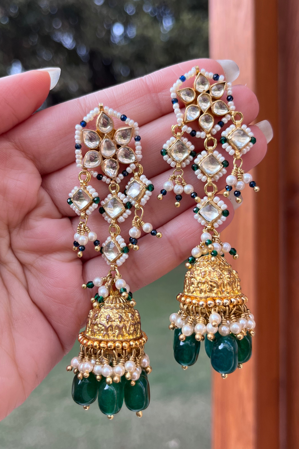 PETAL FLOWER GOLDEN POLKI JHUMKIS- GREEN