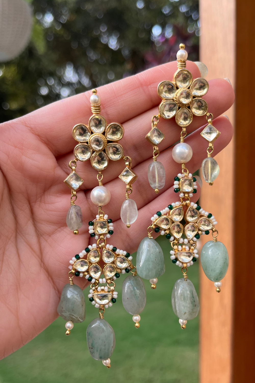 SAGE GREEN POLKI EARRINGS