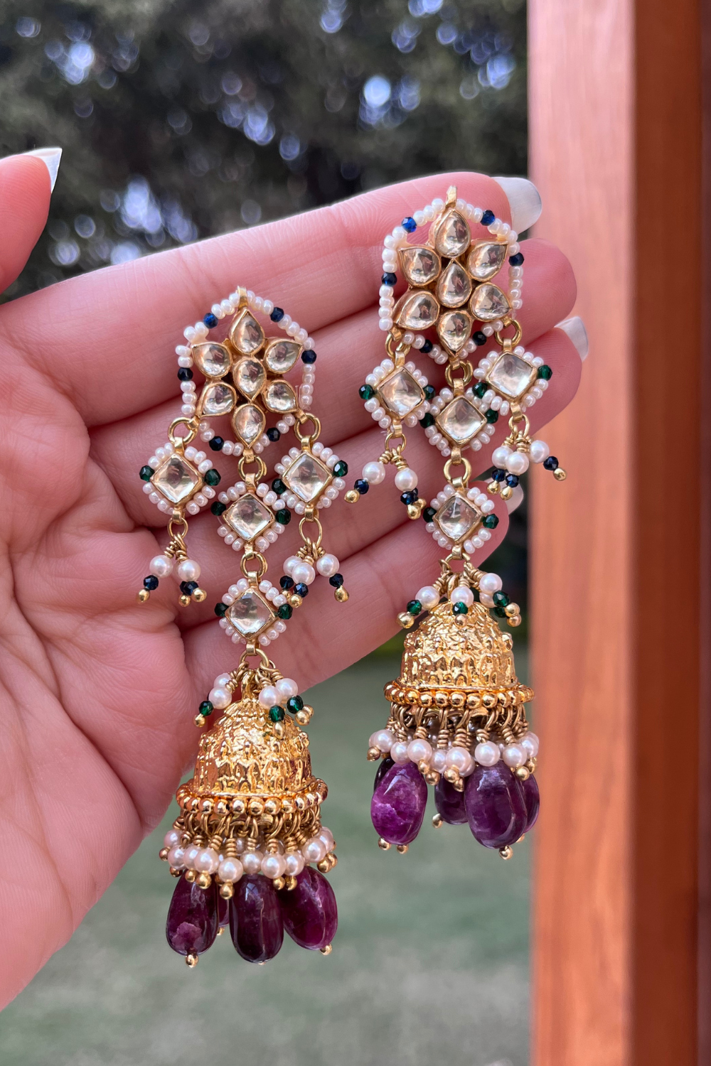 PETAL FLOWER GOLDEN POLKI JHUMKIS- DEEP PINK