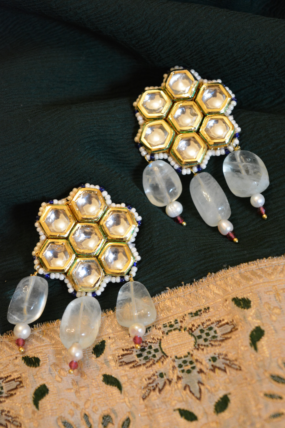 KUNDANKARI EARRINGS WITH MINT-BLUE STONES