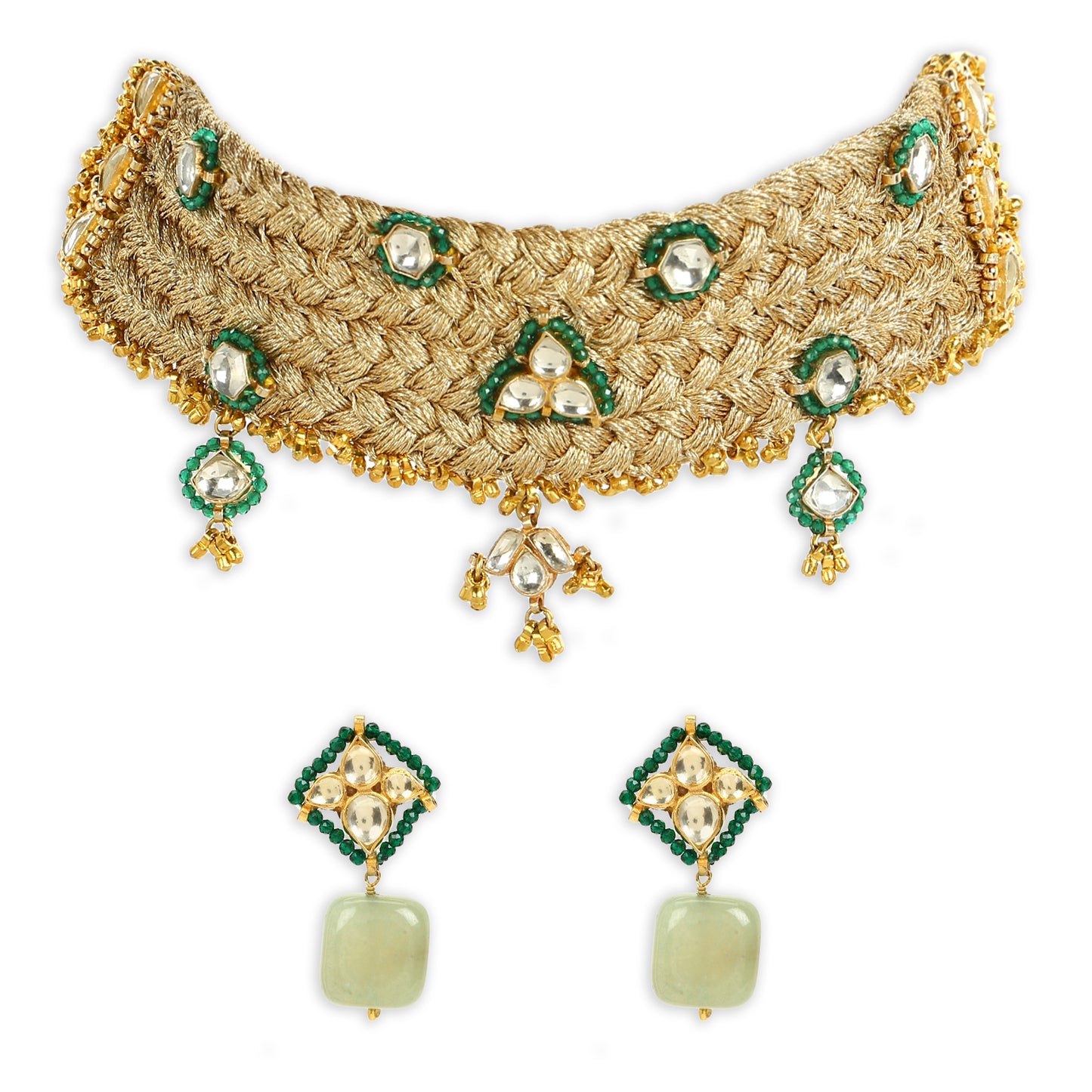 RESHAMI POLKI BRACELET/CHOKER SET - GREEN