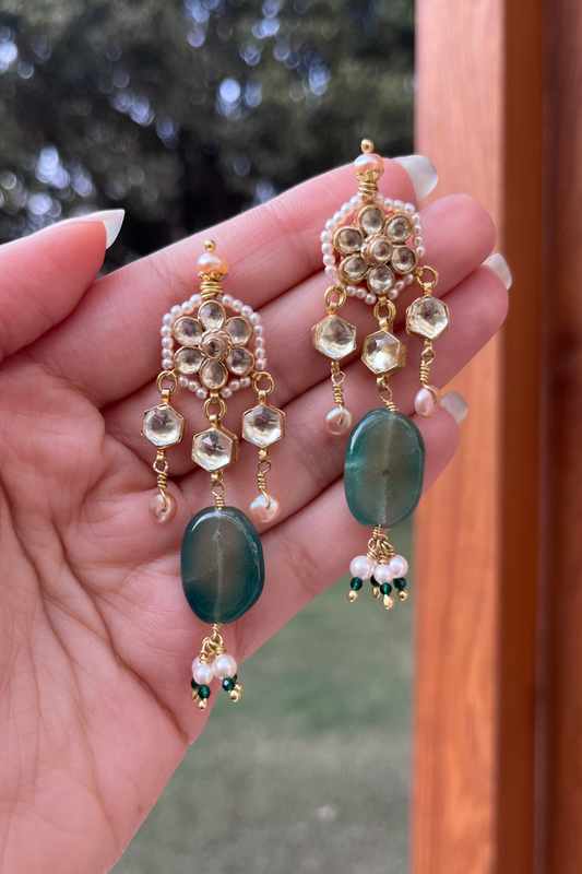 POLKI THREE DIYA EARRINGS - GREEN