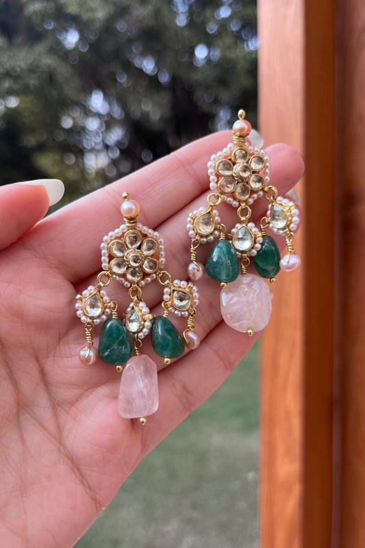 POLKI THREE DIYA EARRINGS - PINK AND GREEN